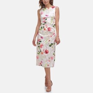 Eliza J Boat Neck Sleeveless Floral Shirred Waist Midi Dress 14